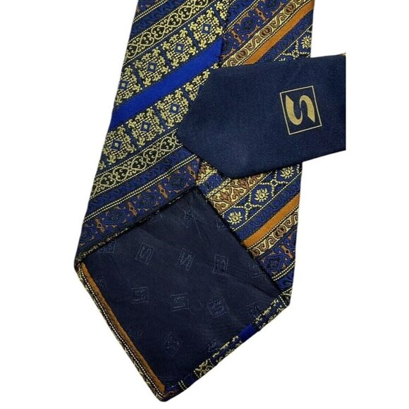WERNER SCHERER Men's 100% Silk Necktie LUXURY XL Gold Blue Geometric W:4" EUC - Picture 5 of 5